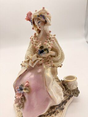 Vintage Hand-Painted Porcelain Lady Figurine - Lace & Applied Flowers